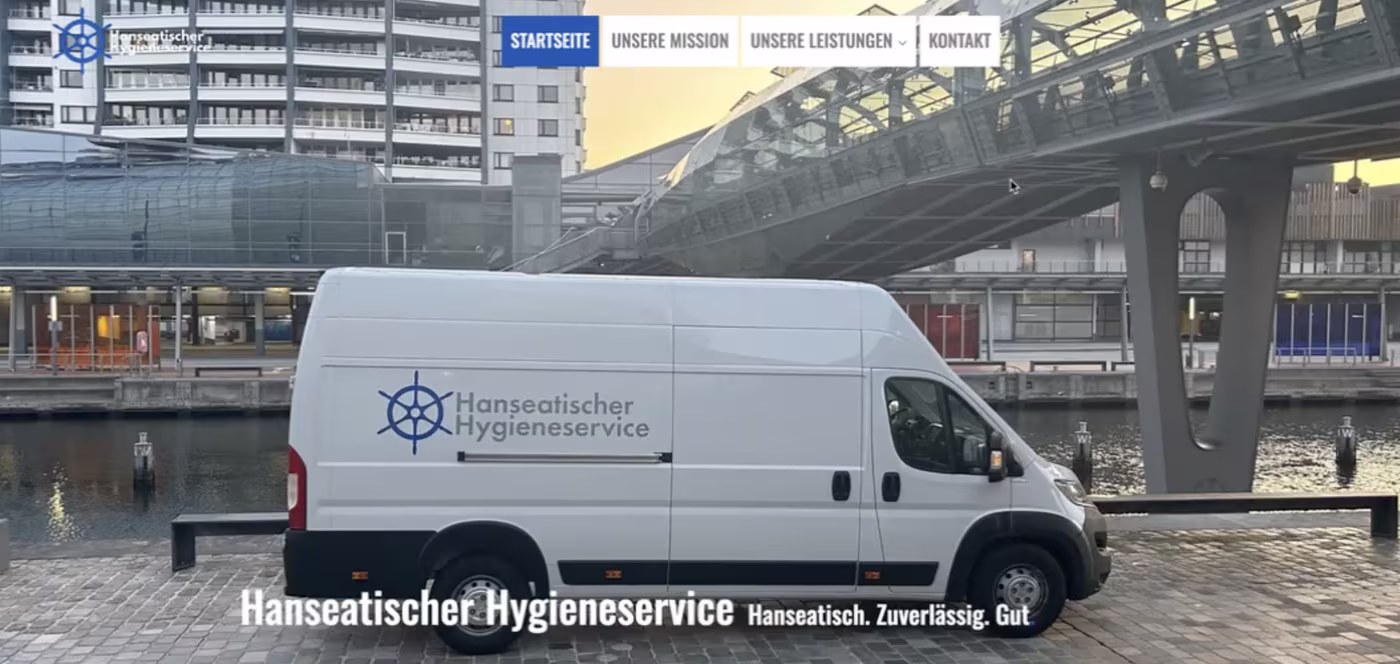 Die alte Website des Hanseatischen Hygieneservice: ganzflächiges Bild mit Claim und vier Navigationspunkten